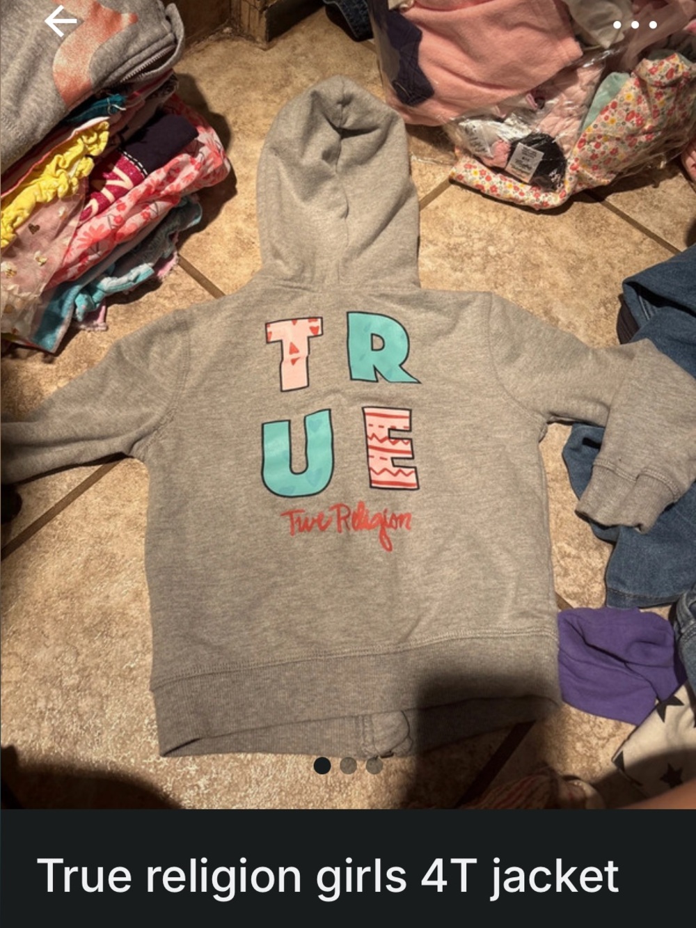 True Religion Gray Hoodie with Teal, Coral & Pink TRU Graphic